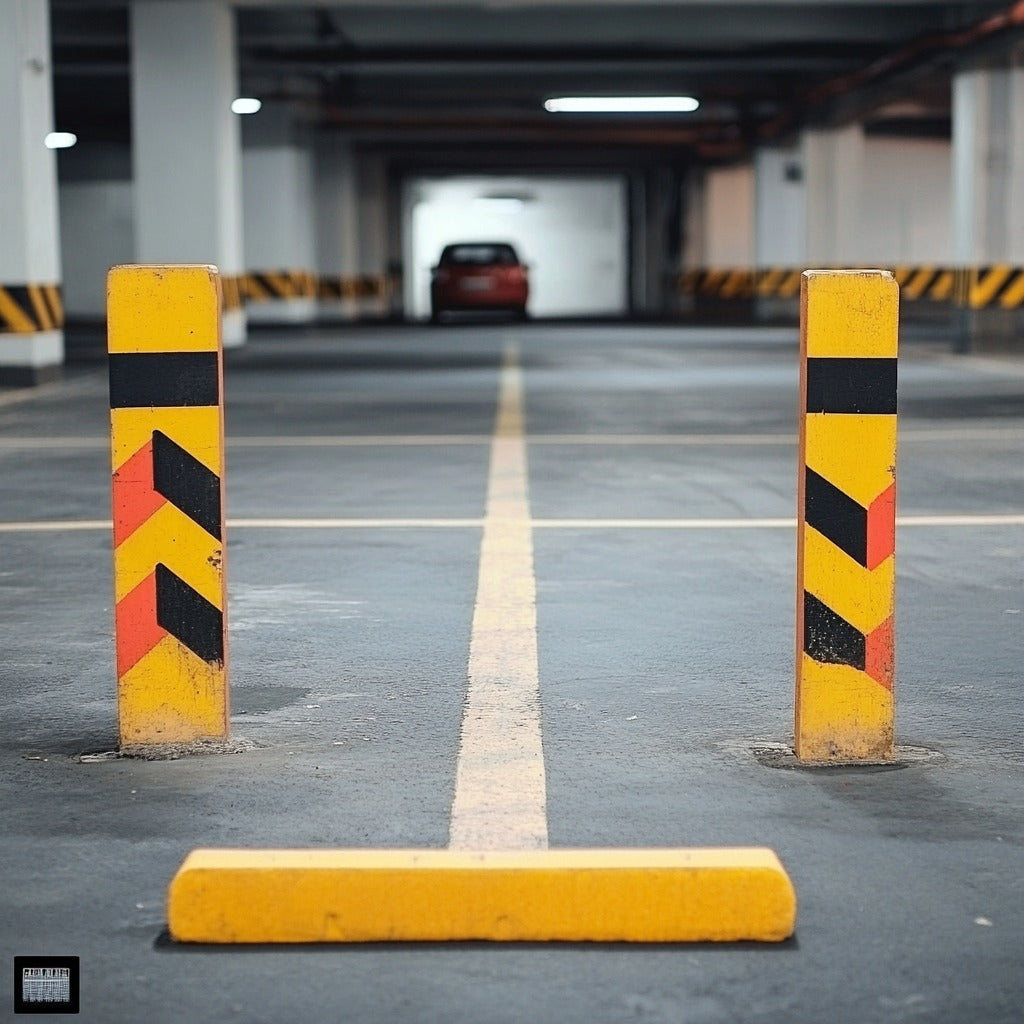 2 parking posts in the middle of a parking lot