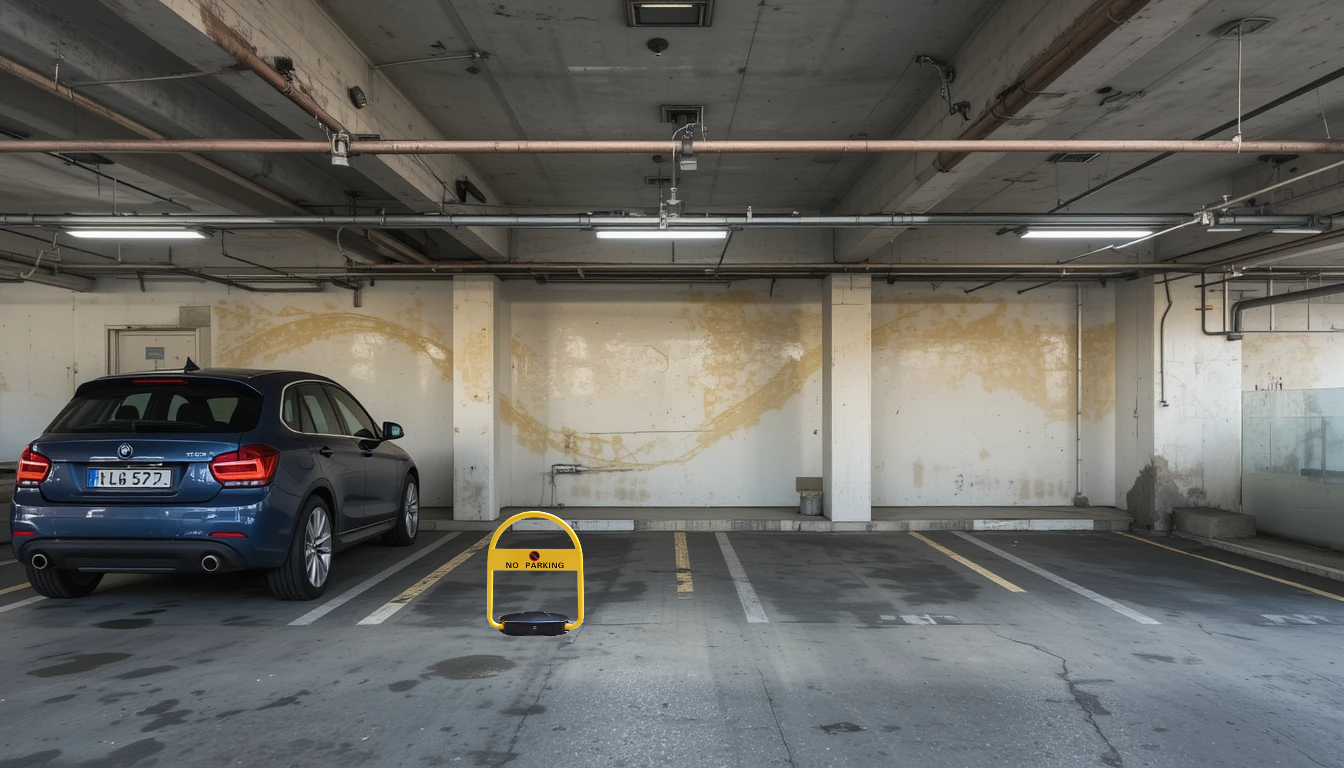 Empty parking lot with electric parking barrier in front
