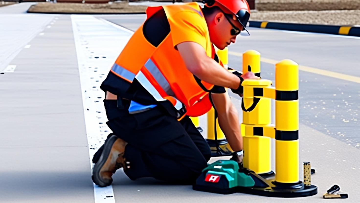 Parking barrier installer in the middle of work