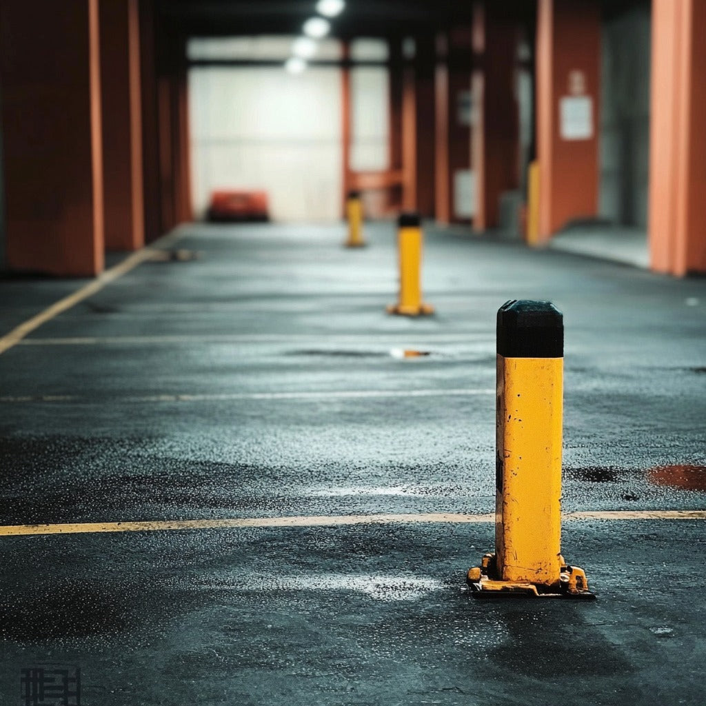 Parking bollards in an open parking lot