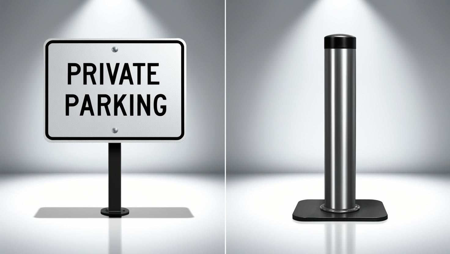 Private parking sign vs. pole parking barrier