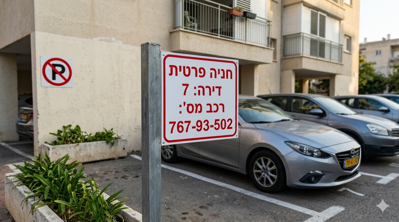 Private parking sign with apartment number in the parking lot