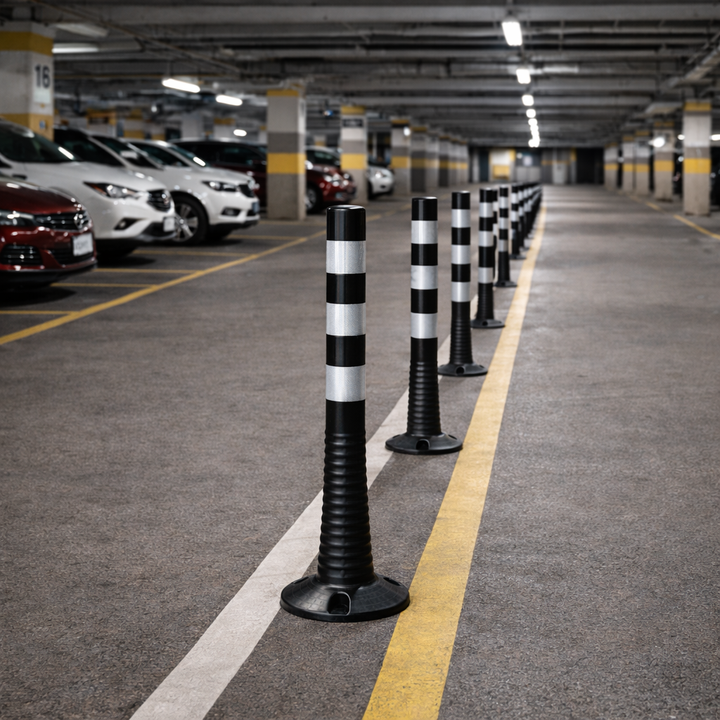 A row of black flexible posts in a parking lot